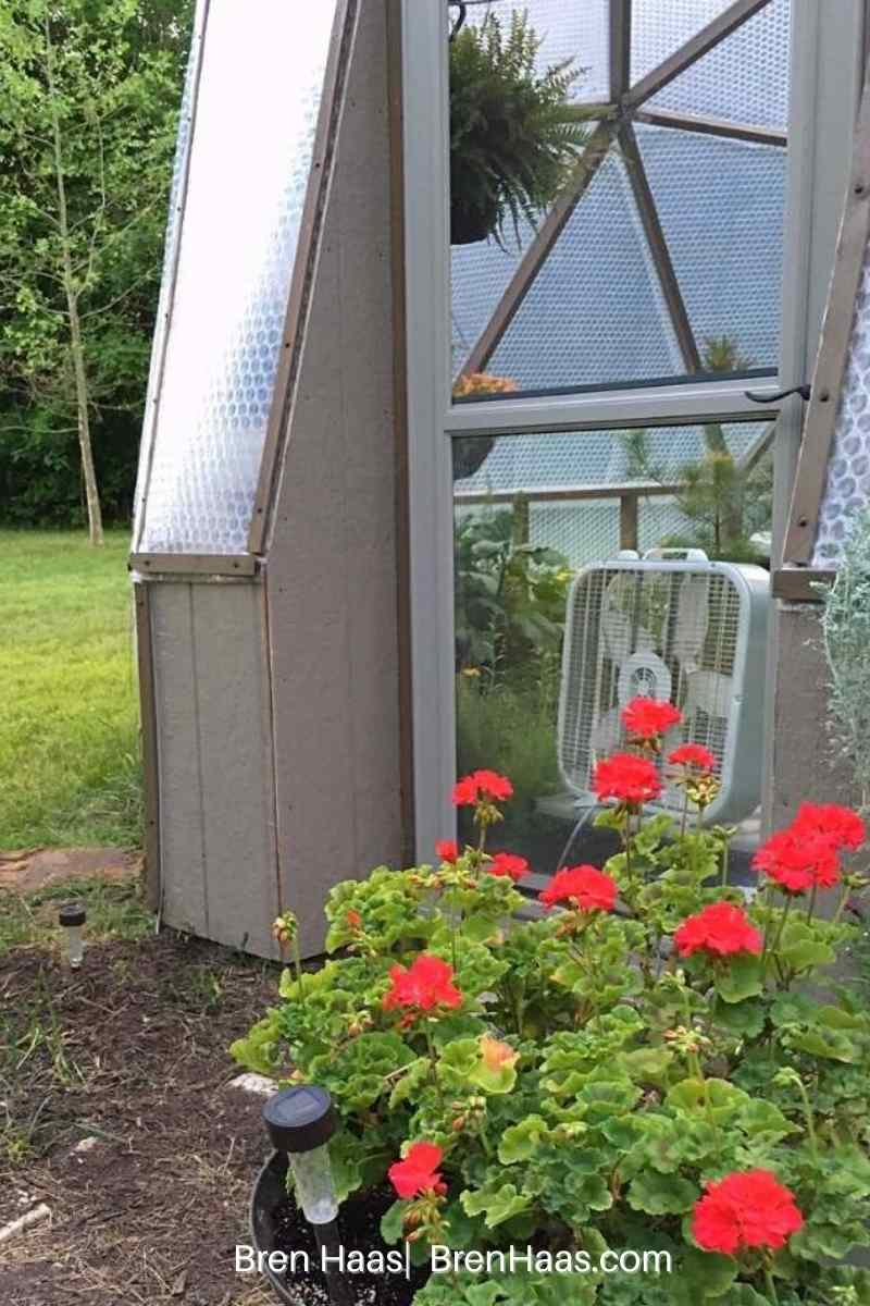 fan at door of dome greenhouse june